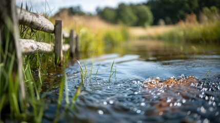Fototapeta premium A tranquil view of a winding stream bordered by lush greenery, capturing the essence of nature's beauty and the calming effect of water in an outdoor setting.