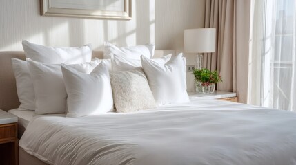 Bright and inviting bed with white linens and soft pillows, sunlight streams through the window creating a cozy atmosphere.