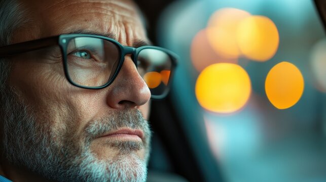This thoughtful image features a mature man with glasses gazing into the distance, revealing contemplation and depth, inviting viewers to ponder his thoughts and emotions.