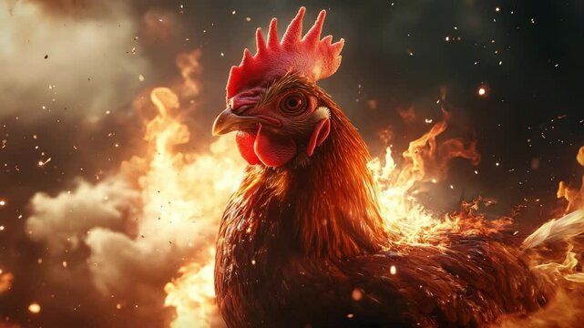 A dramatic rooster stands boldly amid fiery flames and smoke, exuding power and intensity. This surreal, high-impact scene is perfect for fantasy, food, or conceptual animal-themed projects.