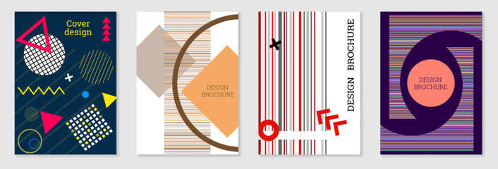 Set of cover design in Memphis style. Geometric design, abstract background. Fashionable bright cover, banner, poster, booklet. Creative colors.