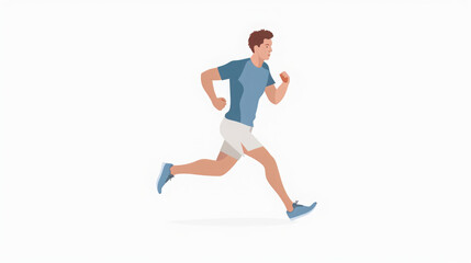 Minimalist vector art of a young man running in white shorts and blue tee, shown in 45° front view. Clean, flat colors on white background reflect energy and simplicity, perfect for a logo...