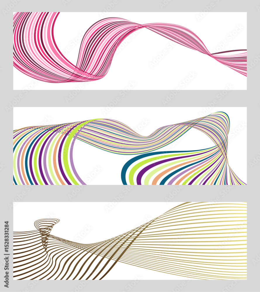 Poster wavy lines or ribbons. set of 3 backgrounds. multicolored striped gradient. creative unusual backgro