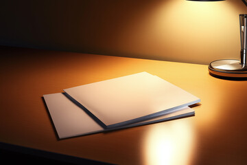 Overlapping sheets of blank paper on a wooden desk in soft light