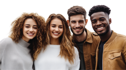 A group of girls and boys look at the camera with bright smiles on their faces, reflecting the diversity of their ethnic backgrounds, on a transparent backgrounds