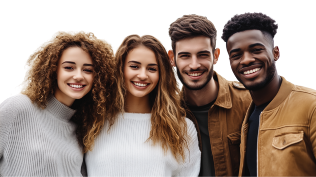 A group of girls and boys look at the camera with bright smiles on their faces, reflecting the diversity of their ethnic backgrounds, on a transparent backgrounds