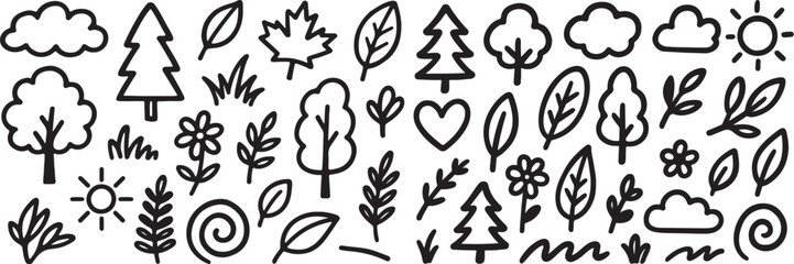 Hand-Drawn Nature Doodle Collection: Trees, Leaves, Flowers, Clouds, Sun, and Plant Elements – Black & White Sketch Designs for Creative Illustration, Decorative Art, Backgrounds, and Graphic Project