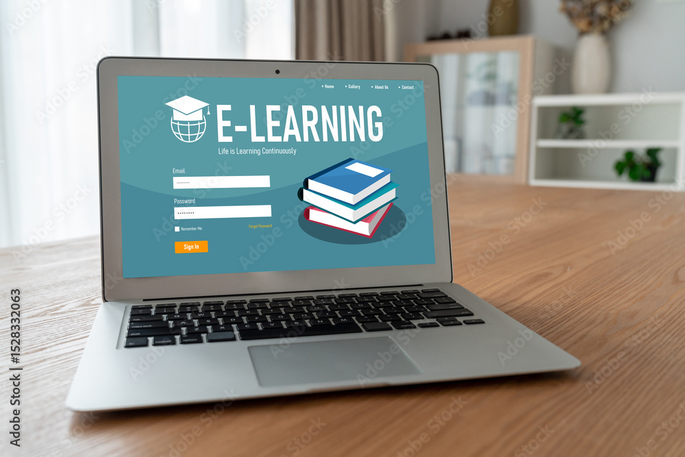 Poster e-learning website with modish sofware for student to study online on the internet network