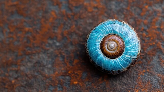 A mesmerizing close-up of a spiraled blue shell resting on a rusty background, showcasing the stark contrast between nature's beauty and the passage of time.