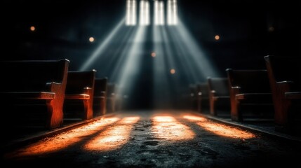 Light streams through arched onto pews in a serene dark church.