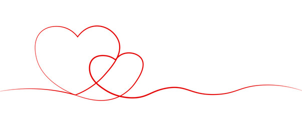 Two red Hearts Continuous One Line Drawing. Valentines day concept.