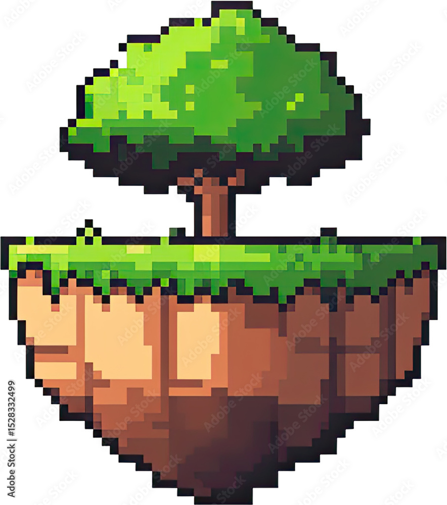 Poster floating pixelated island with a tree.