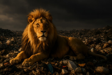 Majestic Lion Amidst Rubble: A regal lion with a magnificent mane rests amidst an urban landscape.