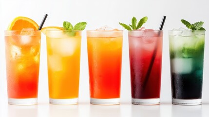 Fototapeta premium A vibrant display of refreshing summer drinks in various colors garnished with fruits and mint, capturing the essence of fun and relaxation during hot weather.