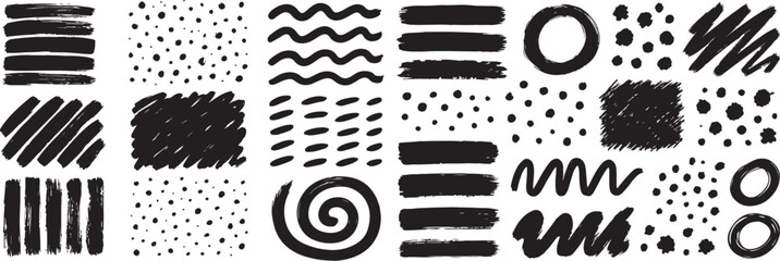 Hand-Drawn Brushstroke Collection: 20 Unique Black Ink Textures Including Lines, Waves, Dots, Spirals, and Abstract Patterns – Versatile Artistic Elements for Graphic Design, Illustration