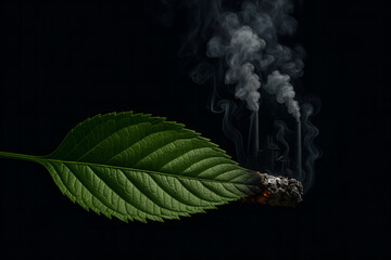 Burning Leaf and Pollution: A stark visual metaphor showcasing the devastating impact of industrial pollution on the environment, juxtaposing the natural beauty of a green leaf with the smokestacks.