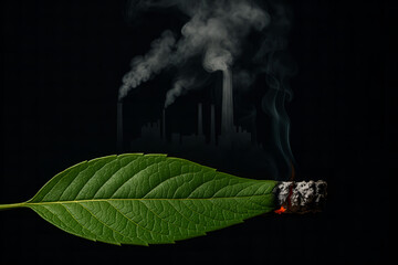 Ecological Alarm: A vibrant green leaf, delicately sculpted with intricate textures, smolders ominously against a shadowy industrial skyline, symbolizing environmental destruction. 