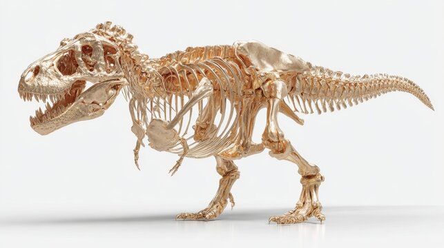 Golden tyrannosaurus rex skeleton stands majestically on a white surface.