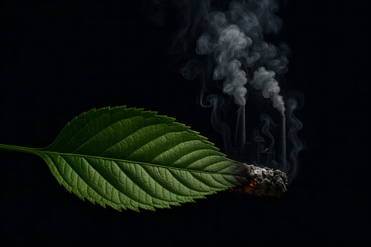Burning Leaf and Pollution: A stark visual metaphor showcasing the devastating impact of industrial pollution on the environment, juxtaposing the natural beauty of a green leaf with the smokestacks.