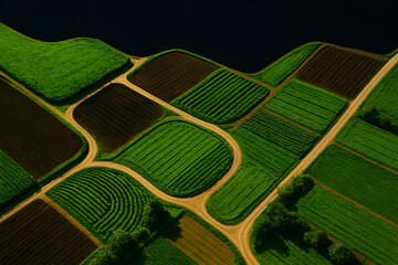Aerial Farmscape: An overhead shot reveals a stunning geometric pattern of agricultural fields, presenting a harmony of nature and agriculture
