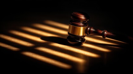 Wooden gavel rests in dramatic light signifying law and legal proceedings.