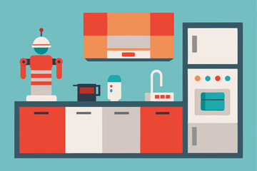 Fototapeta premium Futuristic Kitchen with Robots Cartoon Animation Background Vector illustration