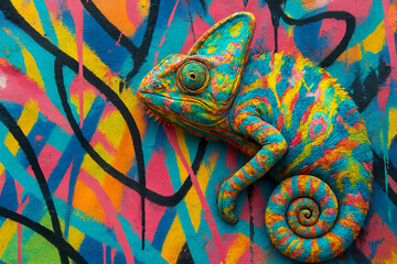 Chameleon's Colorful Canvas: An image showcases a vivid chameleon seamlessly merging with an intricate, graffiti-style backdrop of diverse hues.