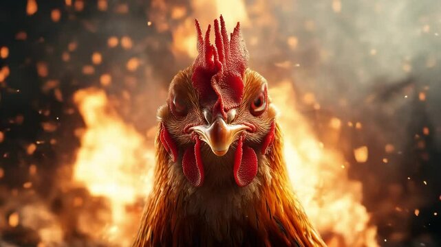 A fierce rooster stands boldly in front of blazing flames, exuding power and intensity. The dramatic background of fire and sparks enhances the surreal, fantasy-like atmosphere of this powerful image.