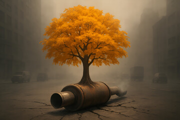 Eco-Awakening: An image illustrating environmental concerns, featuring a tree growing from an exhaust, symbolizing the struggle for nature's resilience amid urban pollution.
