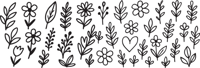 Hand-Drawn Floral Line Art: Elegant Black and White Botanical Illustrations Featuring Flowers, Leaves, and Stems for Creative Design, Patterns, Decorations, and Artistic Graphic Elements