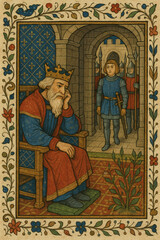 Fototapeta premium A king sits with a pensive expression as guards and a young nobleman approach through an archway, painted in a medieval style.