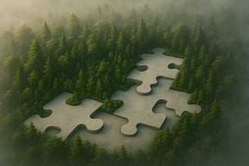 Forest Puzzle: A misty forest landscape features a large jigsaw puzzle pieces, symbolizing environmental conservation and interconnectedness. 