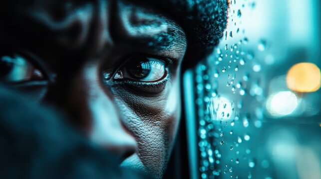 A close-up shot captures the striking expression of a man peering intently through a rain-streaked glass, evoking feelings of contemplation and emotional depth in urban solitude.
