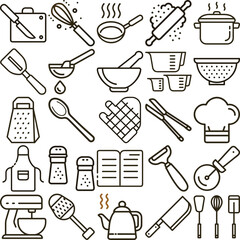 Black and White Line Art of Kitchen Utensils, Cooking Tools, and Culinary Essentials