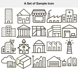 Building Icons Collection of Simple Line Art Depicting Diverse Structures and Business Concepts, Editable