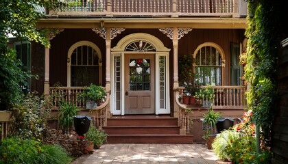 Naklejka premium charming victorian porch with intricate woodwork and lush greenery