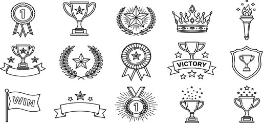 Award and achievement line icon set. Vector pictograms of trophies, medals, and victory symbols, medals, laurel wreaths, stars, banners