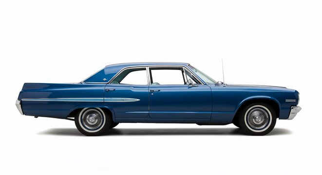 Generative AI side view blue classic american car on white background