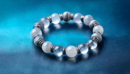a clear round gray stone bracelet with a blue background
