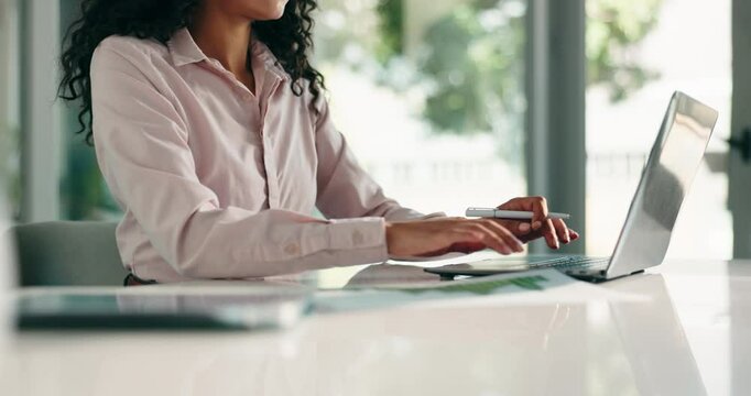 Hands, audit or businesswoman on laptop for document, account management and finance report. Typing, administration or accountant with paperwork for tax compliance, investment and record keeping - Powered by Adobe