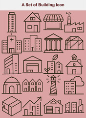 Various Building Style Icons Houses, Skyscrapers, Factories, Storefronts, and Government Buildings Isolated on Pink