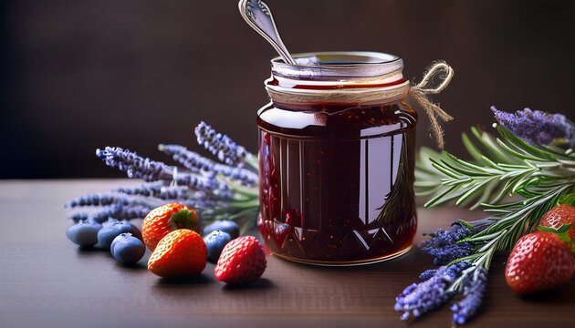 delicious jam in a glass jar with a spoon accompanied by fresh berries lavender and rosemary on a dark brown table nutritious breakfast option
