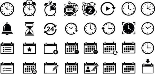 Calendar and time glyph icon set. Vector pictograms of stopwatch, hourglass, reschedule, availability, bell, appointment, planner, add, checkmark, black sign