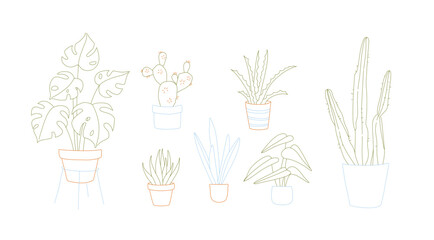 Doodle of Houseplants in Pots Line Art Monstera, Cactus, Aloe