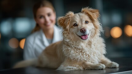 Veterinary professional gently caring for a happy dog in a well-lit clinic setting during daytime hours