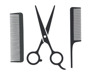 Minimalist Hairdressing Tools Illustration Featuring Scissors and Combs in Dark Gray on a White Background for Barber Shop or Salon Design
