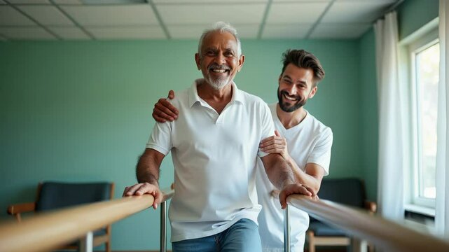 Elderly man walks slowly between parallel bars with support from physiotherapy trainer in rehabilitation center