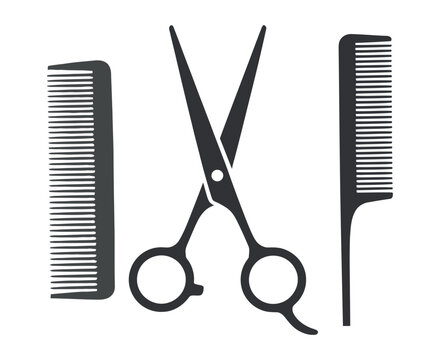 Minimalist Hairdressing Tools Illustration Featuring Scissors and Combs in Dark Gray on a White Background for Barber Shop or Salon Design
