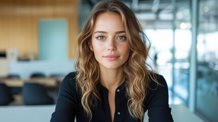 Obraz premium A close-up portrait of a young woman with wavy hair, sitting in a contemporary office setting, exuding confidence and clarity in her expression and surroundings.