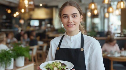 Waitress Presents Fresh Healthy Food Offering Smiling Server Carries Delicious Meal In Restaurant